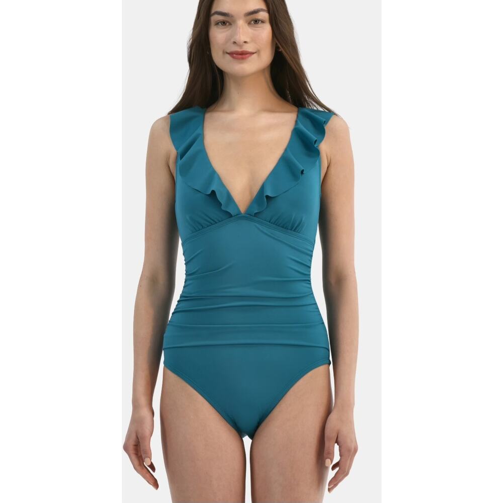 Front Ruffled Gorgeous Teal One Piece Swimsuit Tummy Control New with Tags Large